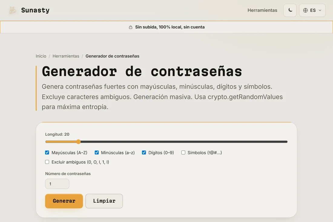El generador de contraseñas con la longitud puesta en 20 y todas las clases de caracteres activadas
