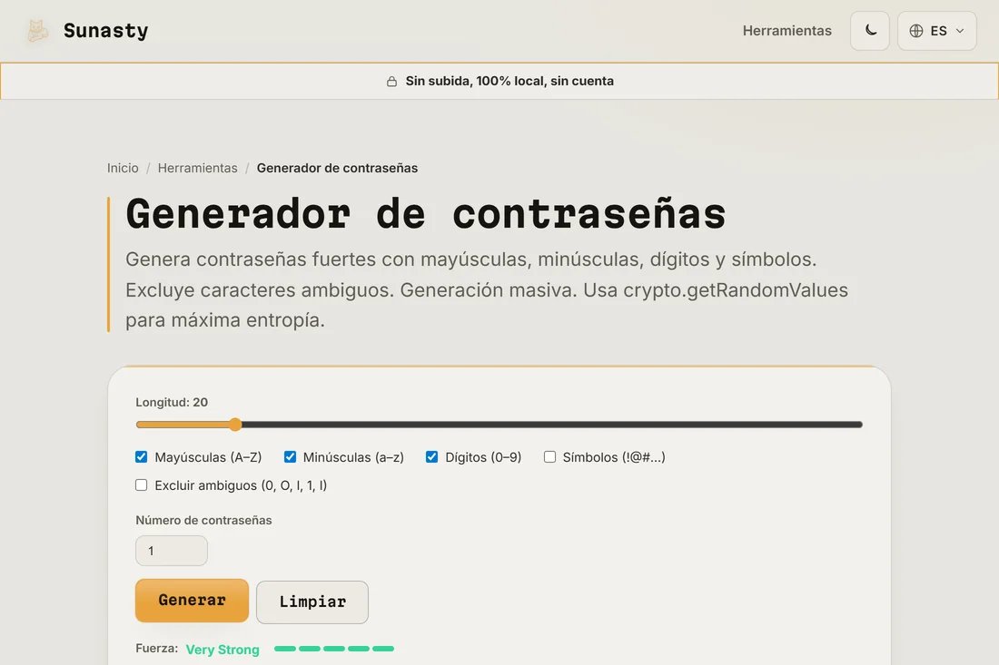 Una contraseña generada de 20 caracteres con el indicador de robustez mostrando Muy fuerte