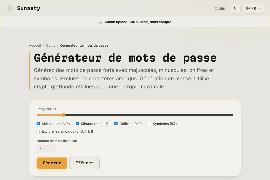 Le generateur de mots de passe avec la longueur regle a 20 et toutes les classes de caracteres activees