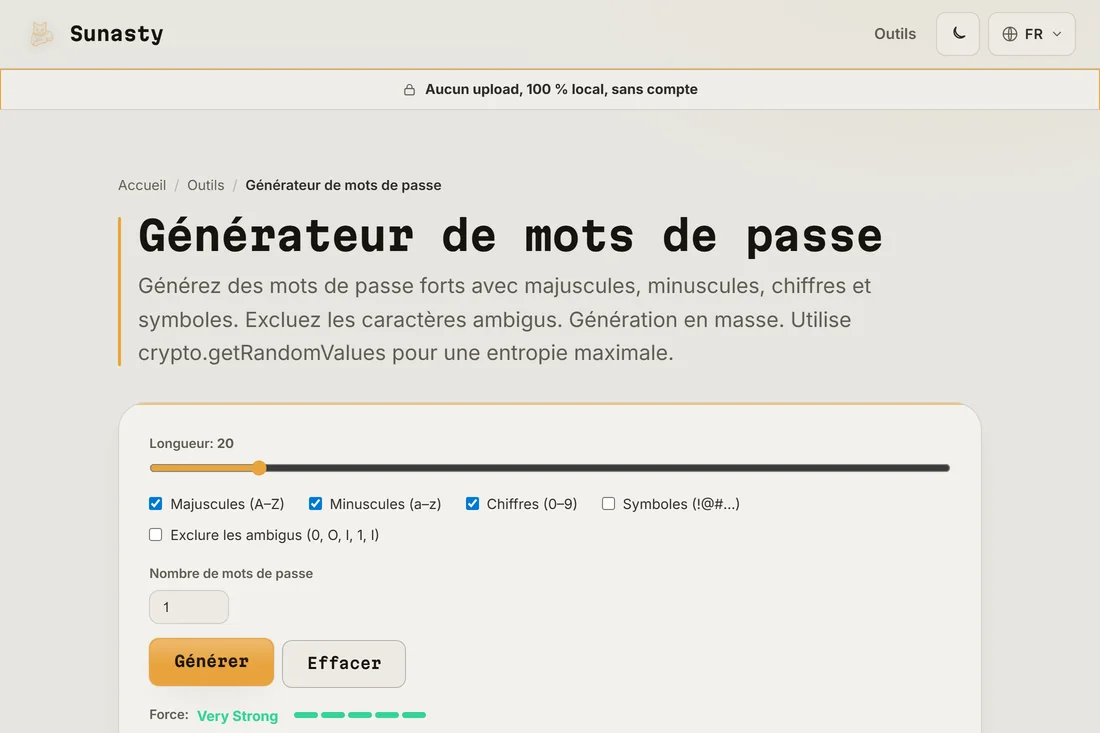 Un mot de passe genere de 20 caracteres avec l'indicateur de robustesse affichant Tres fort