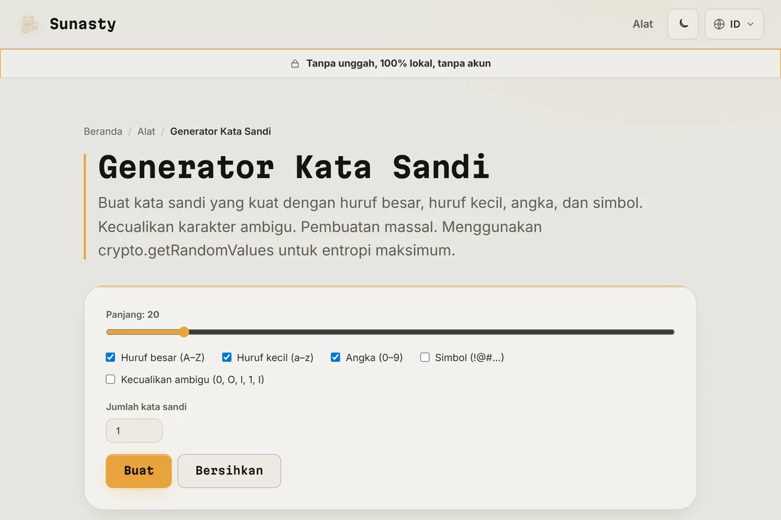 Generator kata sandi dengan panjang diatur ke 20 dan semua kelas karakter diaktifkan