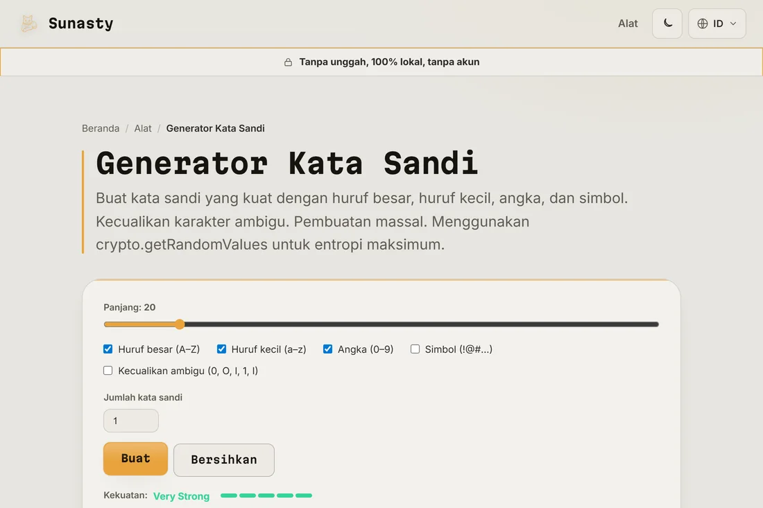 Kata sandi 20 karakter yang dihasilkan dengan indikator kekuatan menampilkan Sangat Kuat