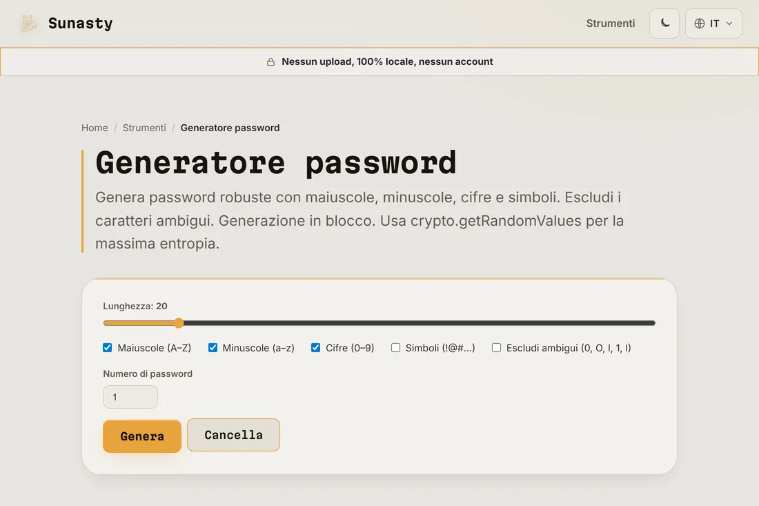 Il generatore di password con la lunghezza impostata su 20 e tutte le classi di caratteri abilitate