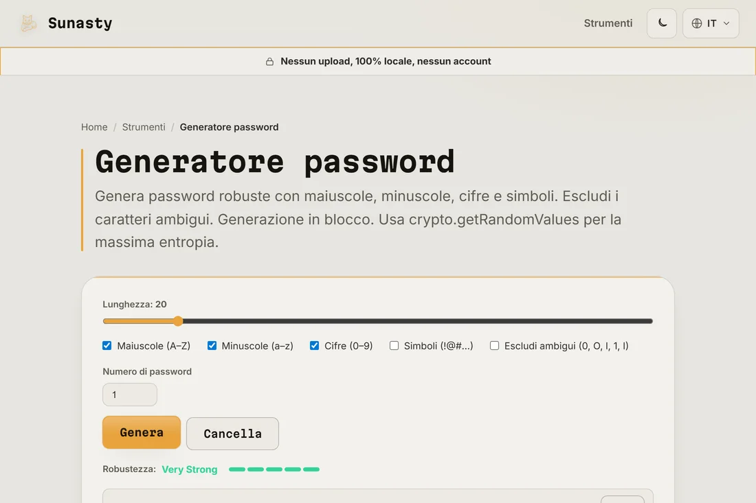 Una password generata di 20 caratteri con l'indicatore di robustezza che mostra Molto forte
