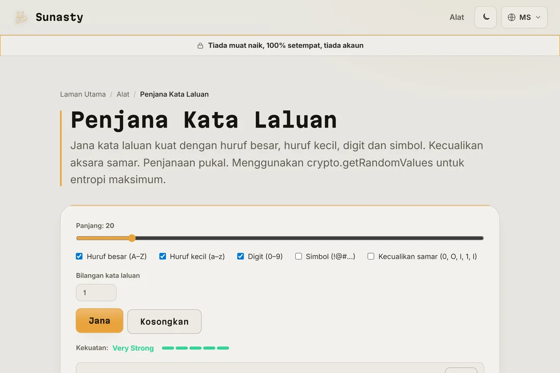 Kata laluan 20 aksara yang dijana dengan penunjuk kekuatan menunjukkan Sangat Kukuh