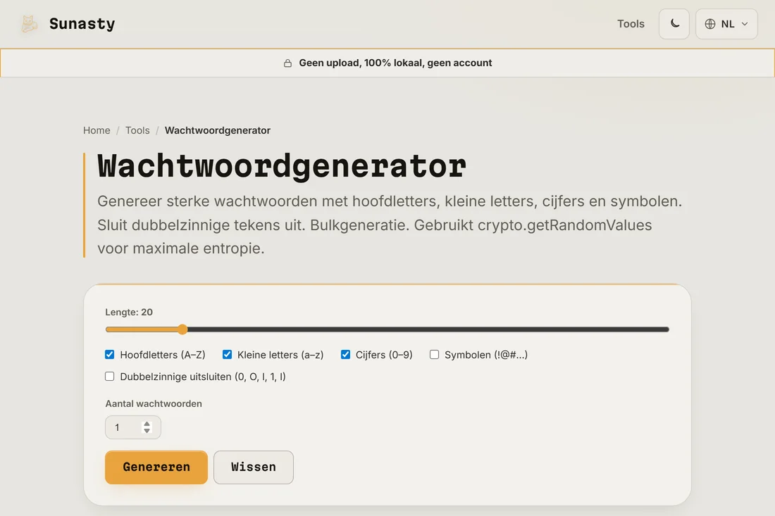 De wachtwoordgenerator met de lengte ingesteld op 20 en alle tekenklassen ingeschakeld