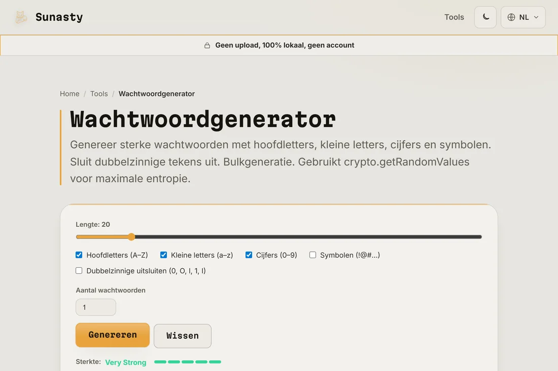 Een gegenereerd wachtwoord van 20 tekens met een sterkte-indicator die Zeer sterk aangeeft