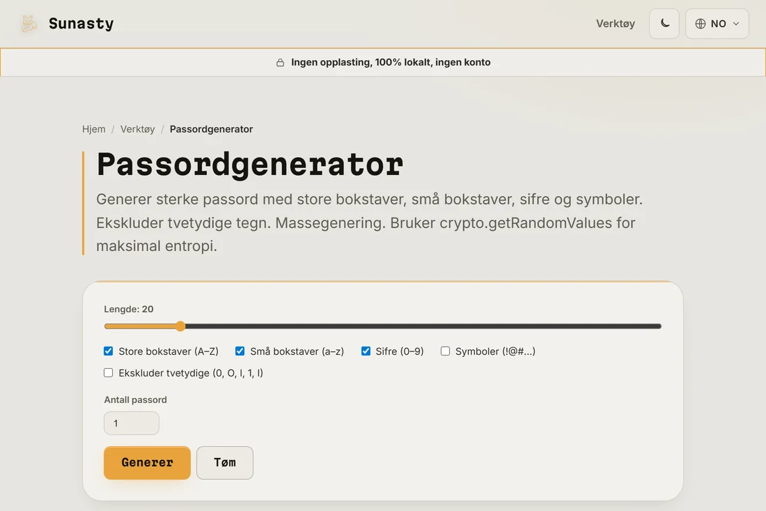 Passordgeneratoren med lengden satt til 20 og alle tegnklasser aktivert