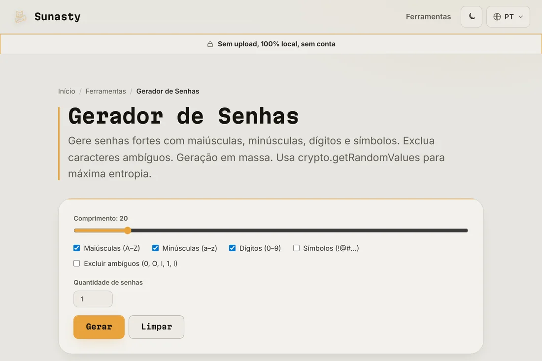 O gerador de senhas com o comprimento definido em 20 e todas as classes de caracteres ativadas