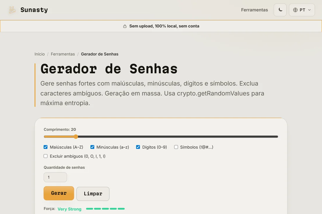 Uma senha gerada de 20 caracteres com o indicador de força mostrando Muito Forte