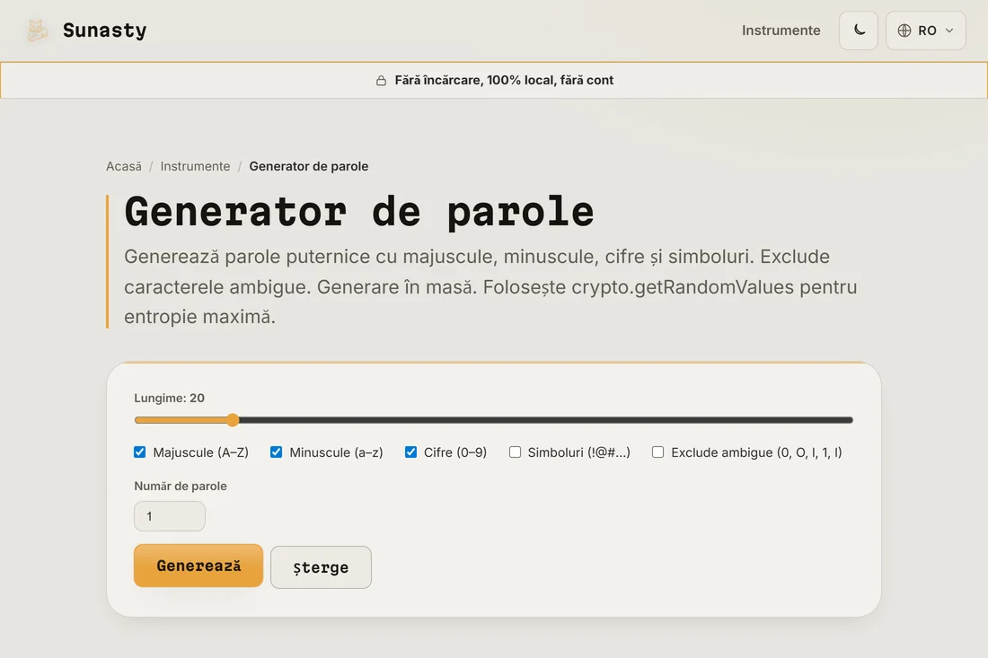 Generatorul de parole cu lungimea setata la 20 si toate clasele de caractere activate
