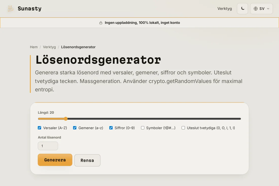 Lösenordsgeneratorn med längden inställd på 20 och alla teckenklasser aktiverade