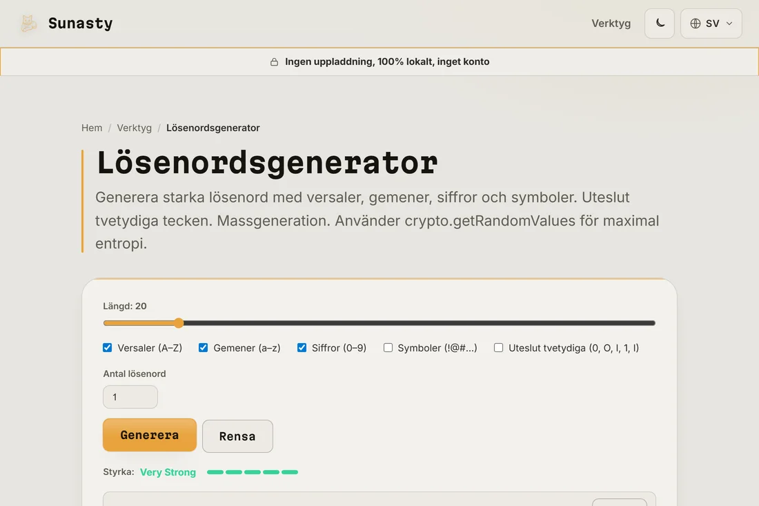 Ett genererat lösenord på 20 tecken med en styrkeindikator som visar Mycket starkt