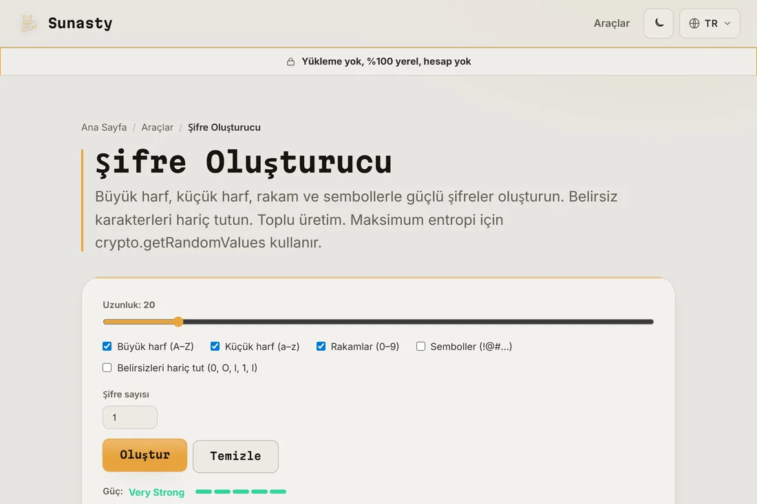 Güç göstergesi Çok Güçlü gösteren, üretilmiş 20 karakterlik bir parola