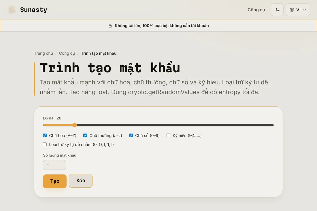 Trình tạo mật khẩu với độ dài đặt ở 20 và tất cả các lớp ký tự được bật