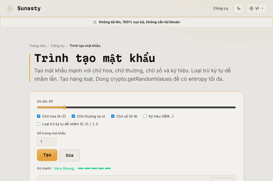 Một mật khẩu 20 ký tự được tạo với chỉ báo độ mạnh hiển thị Rất mạnh
