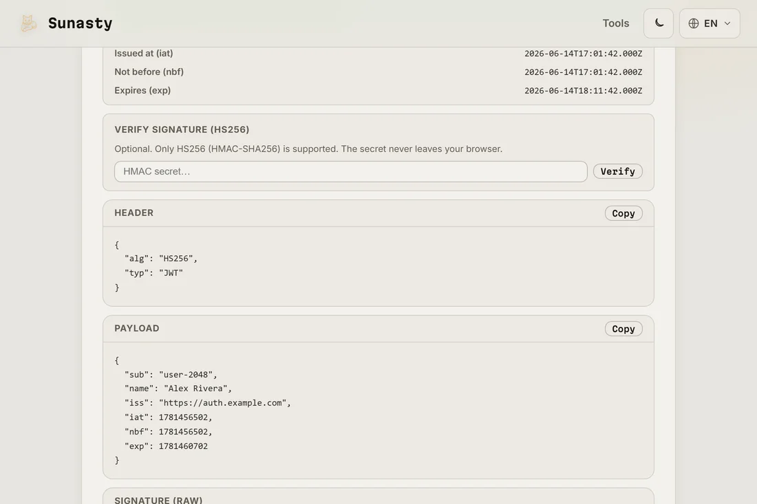 A decoded JWT showing the header algorithm and the payload claims with readable issued and expiry dates