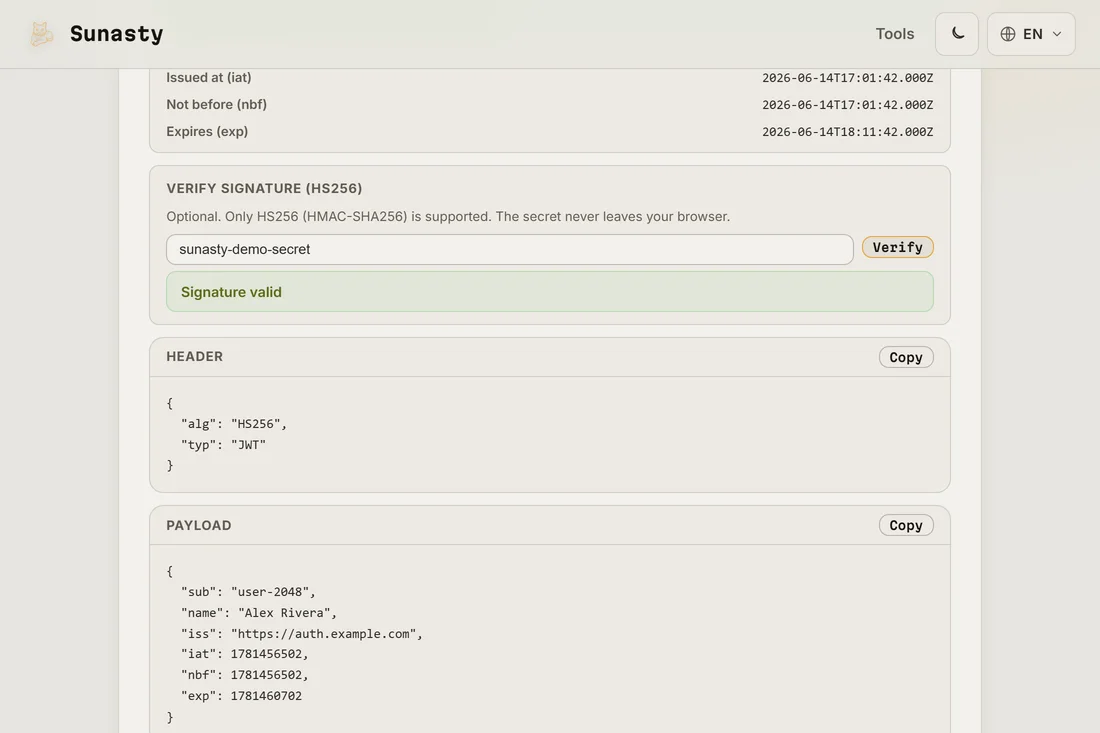 The HMAC verify field filled with the shared secret and a valid signature badge for an HS256 token