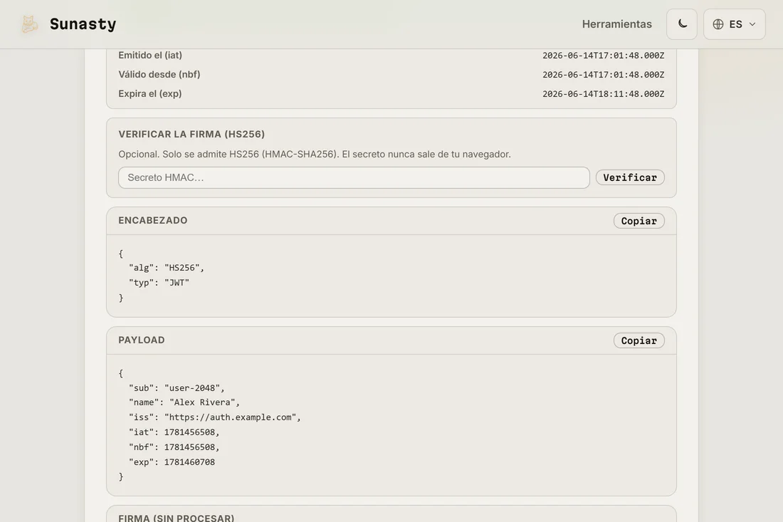 Un JWT decodificado que muestra el algoritmo de la cabecera y los claims de la carga útil con fechas de emisión y caducidad legibles