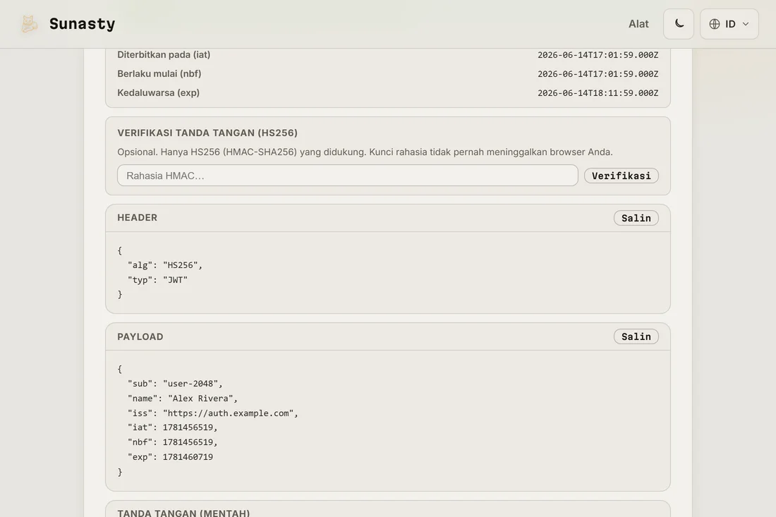 Sebuah JWT yang didekode menampilkan algoritma header dan klaim payload dengan tanggal terbit dan kedaluwarsa yang mudah dibaca