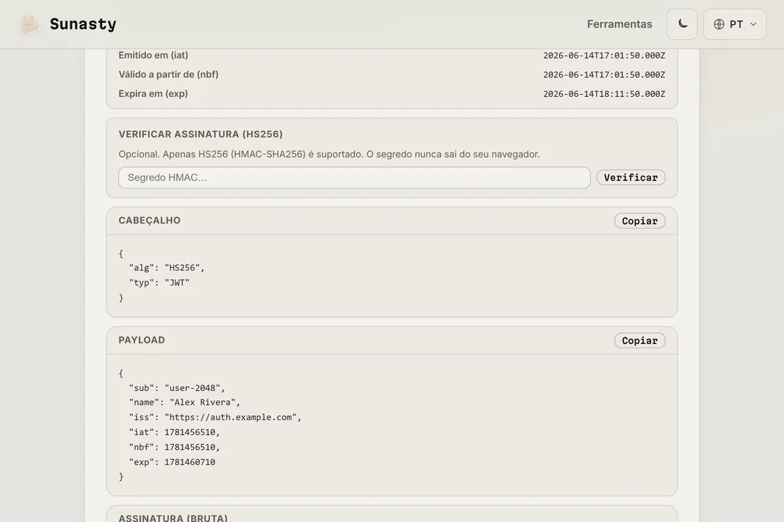Um JWT decodificado mostrando o algoritmo do cabeçalho e os claims do payload com datas de emissão e expiração legíveis