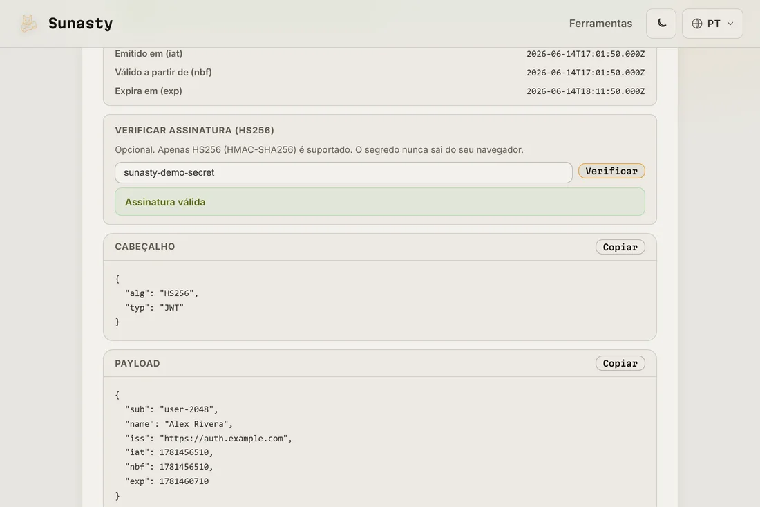 O campo de verificação HMAC preenchido com o segredo compartilhado e um selo de assinatura válida para um token HS256