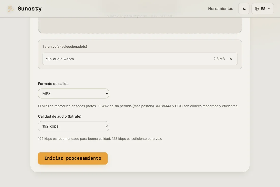 El extractor de audio con un video cargado, con los menús de formato y bitrate visibles