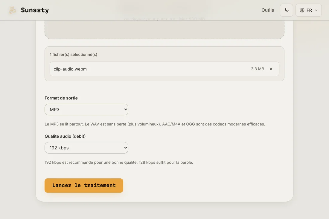 L’extracteur audio avec une vidéo chargée, menus de format et de débit visibles