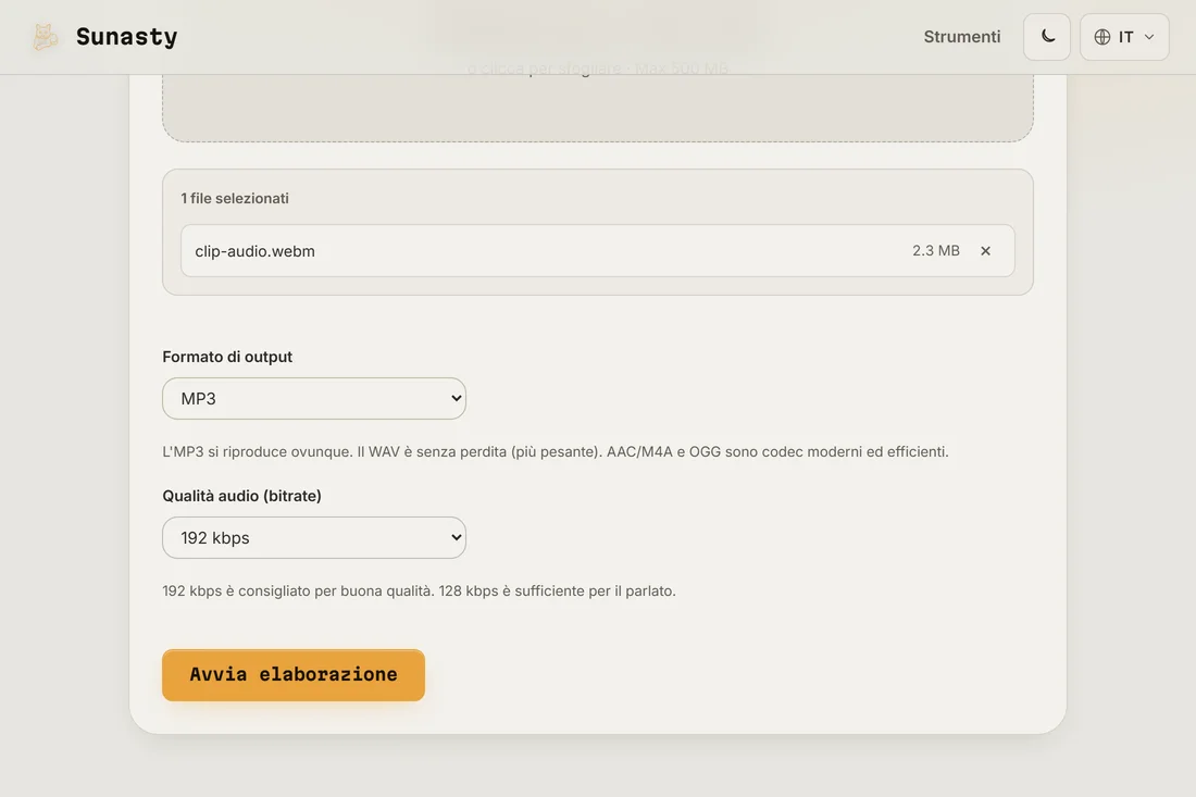 L'estrattore audio con un video caricato, menu di formato e bitrate visibili