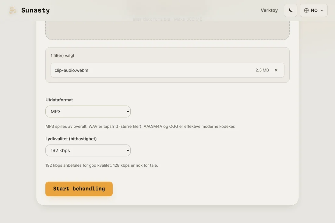 Lyduttrekkeren med en video lastet inn, menyer for utdataformat og bitrate synlige