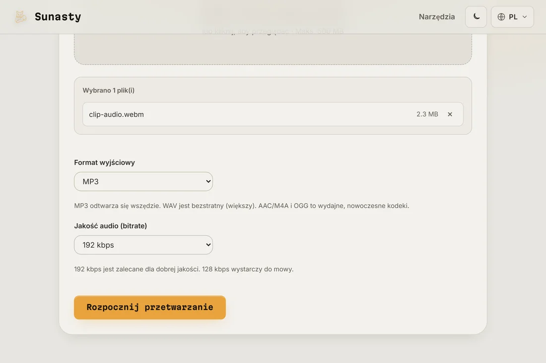 Ekstraktor audio z wczytanym wideo, widoczne menu formatu i bitrate'u