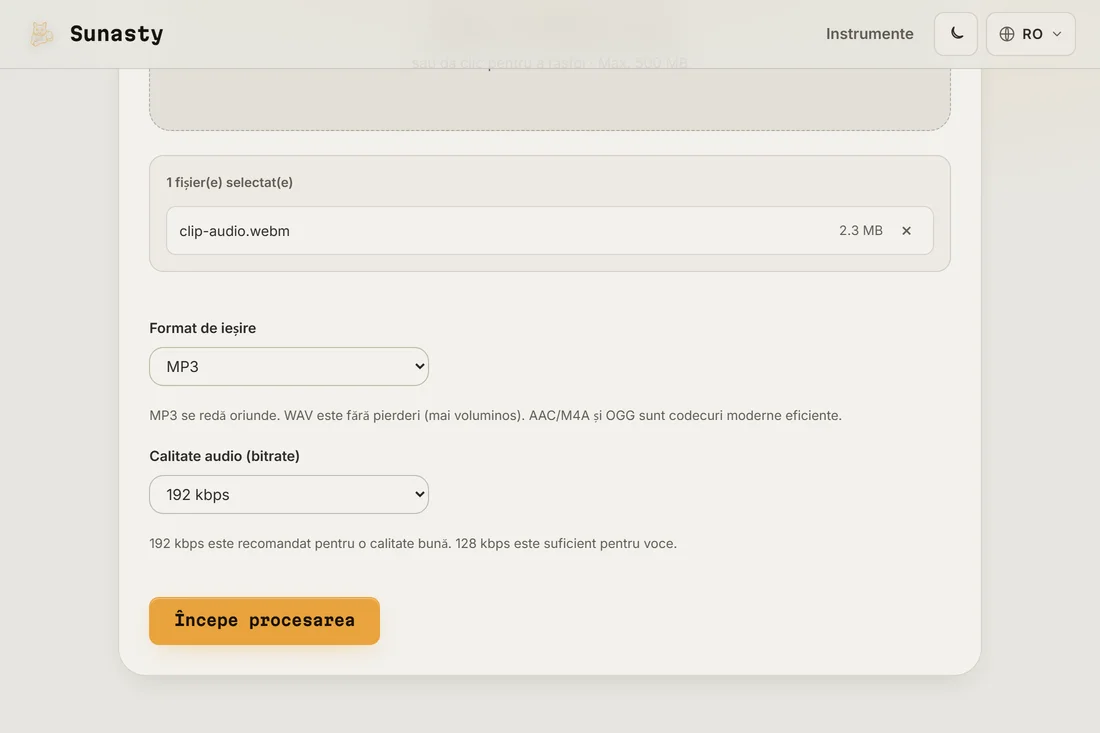 Extractorul audio cu un video încărcat, cu meniurile de format și bitrate vizibile