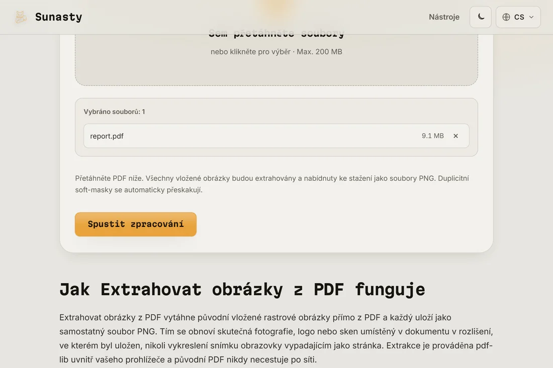 Extraktor obrázků z PDF s načteným dokumentem zobrazující počet nalezených vložených obrázků