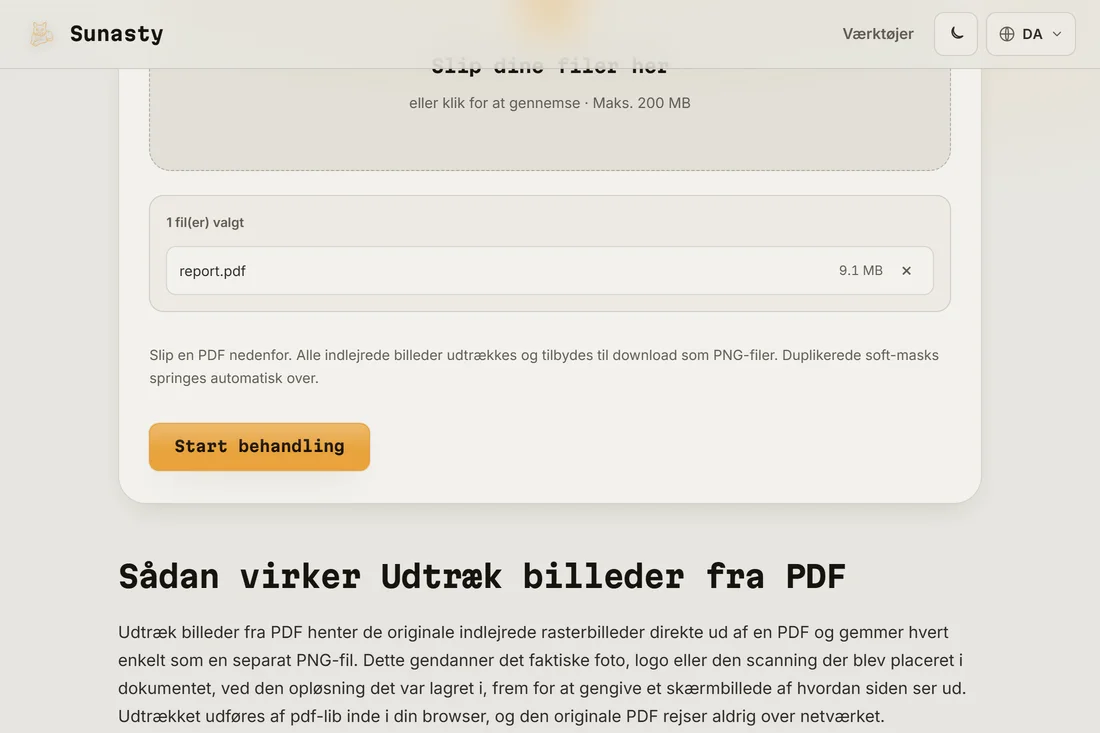 PDF-billedudtrækkeren med et dokument indlæst, der viser antallet af indlejrede billeder fundet