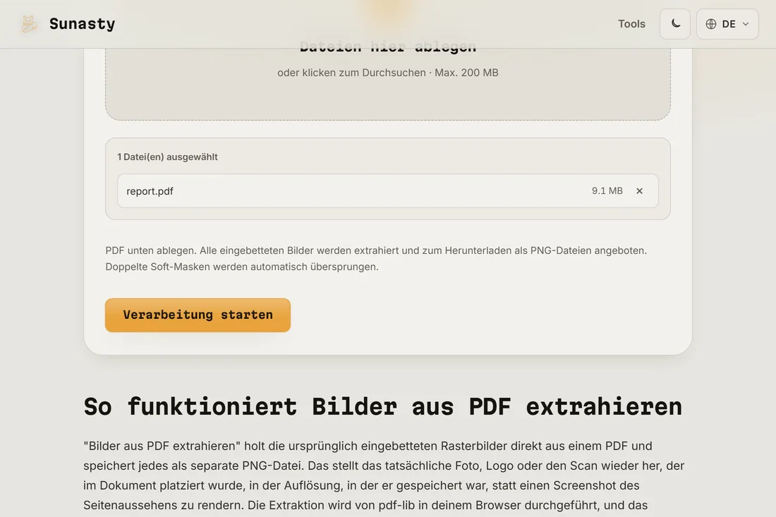 Der PDF-Bildextraktor mit geladenem Dokument, der die Anzahl der gefundenen eingebetteten Bilder anzeigt
