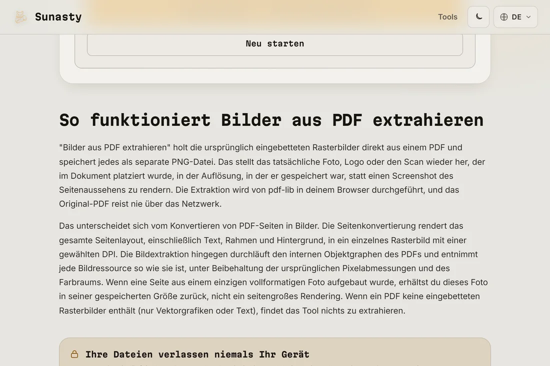 Die extrahierten Bilder bereit zum Download, eine Datei pro Bild