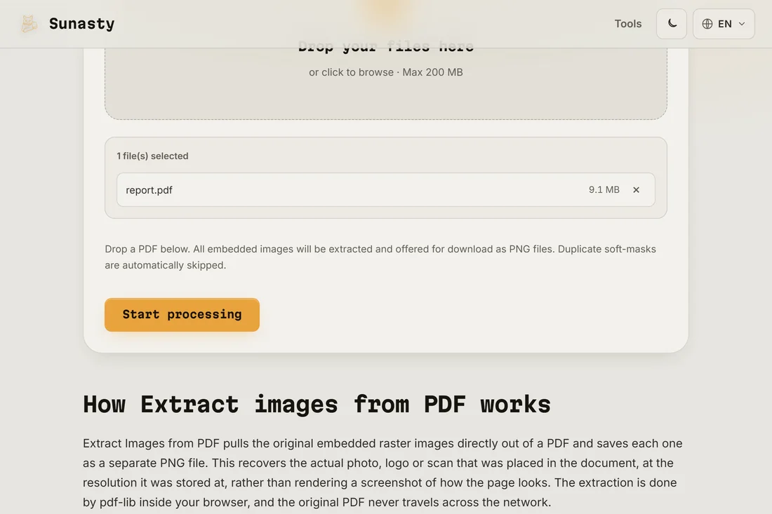 The PDF image extractor with a document loaded, showing the count of embedded images found