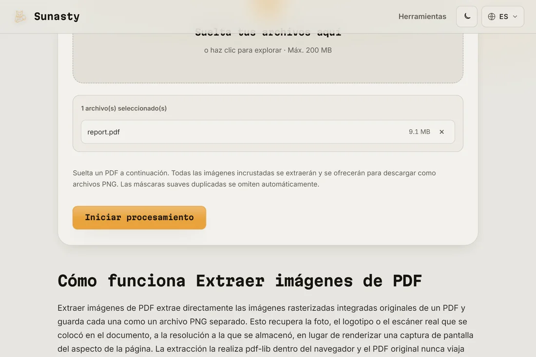 El extractor de imágenes de PDF con un documento cargado, mostrando el recuento de imágenes incrustadas encontradas