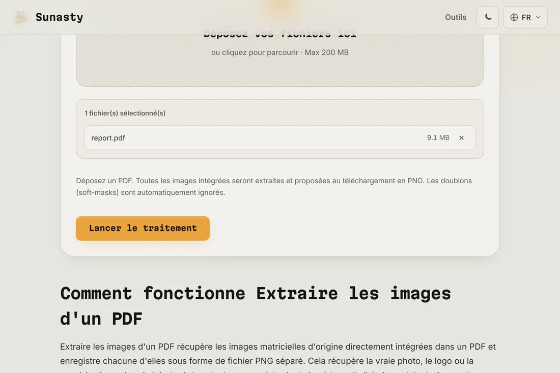 L'extracteur d'images PDF avec un document chargé, affichant le nombre d'images intégrées trouvées
