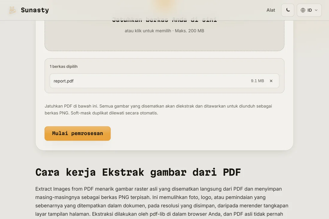 Pengekstrak gambar PDF dengan dokumen termuat, menampilkan jumlah gambar tertanam yang ditemukan
