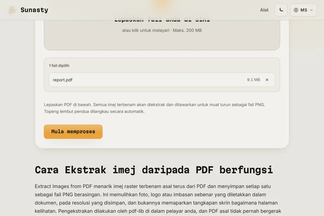 Pengekstrak imej PDF dengan dokumen dimuatkan, memaparkan kiraan imej tertanam yang ditemui