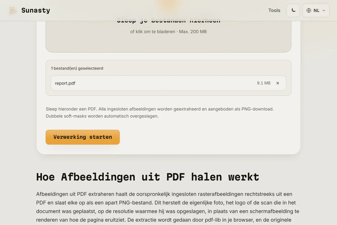 De PDF-afbeeldingsextractor met een geladen document, dat het aantal gevonden ingesloten afbeeldingen toont