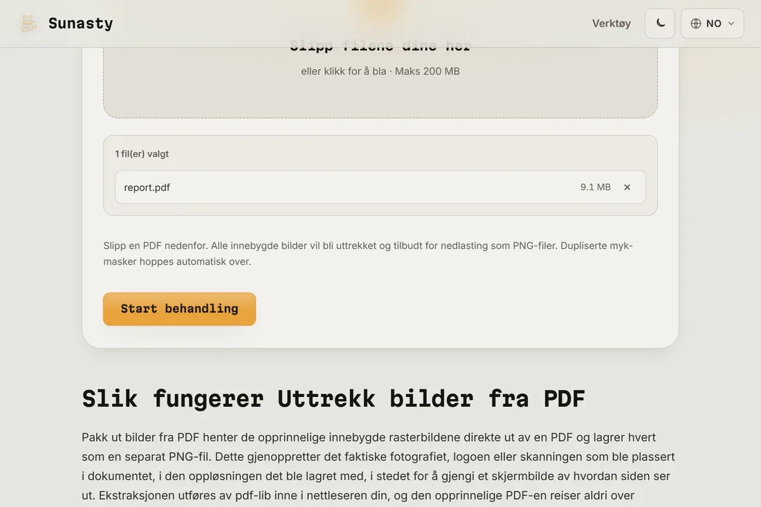 PDF-bildeuttrekkeren med et dokument lastet inn, som viser antall innebygde bilder som ble funnet