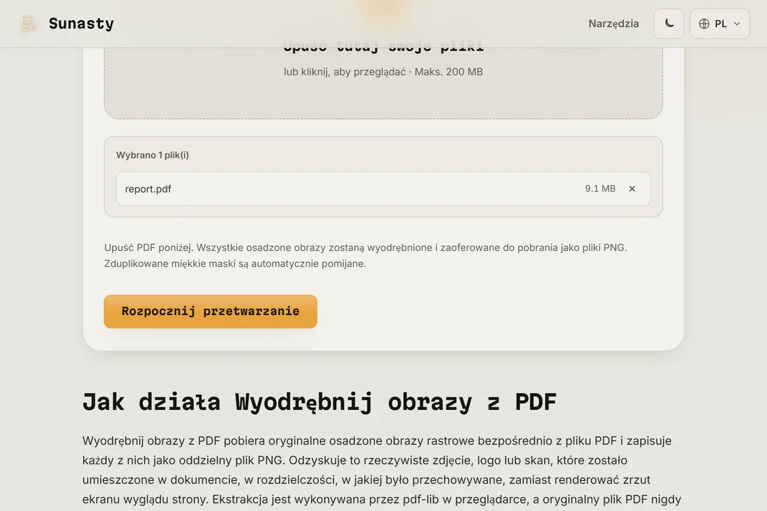 Ekstraktor obrazów z PDF z wczytanym dokumentem, pokazujący liczbę znalezionych osadzonych obrazów