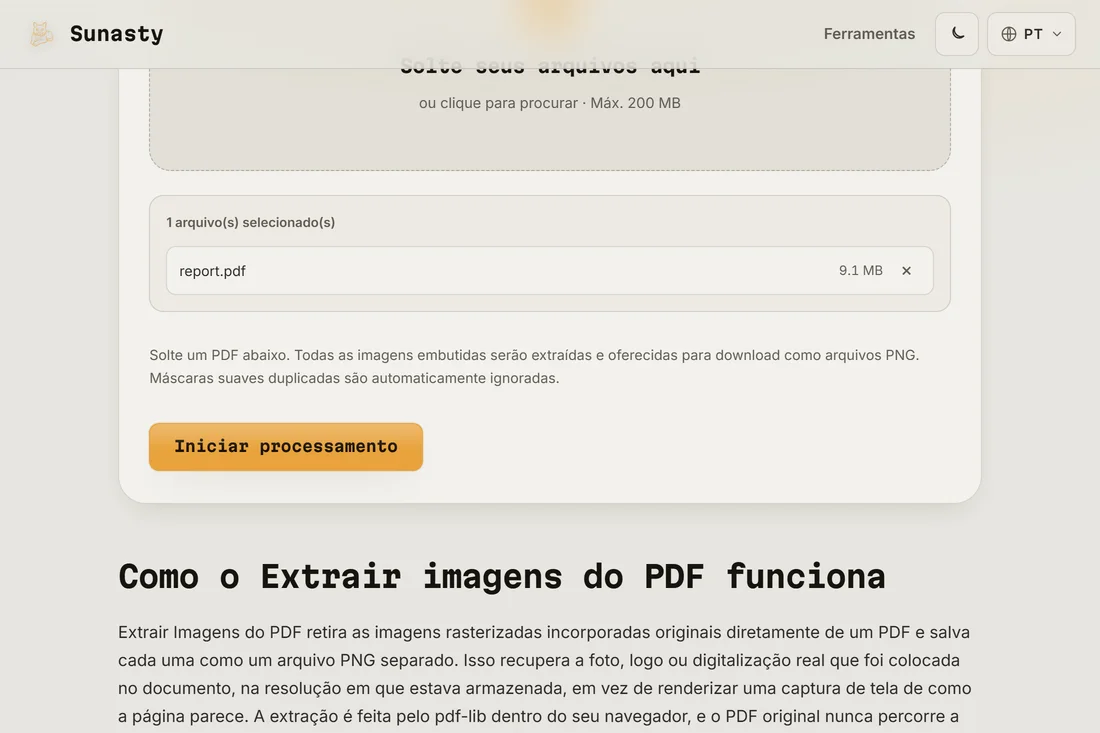 O extrator de imagens de PDF com um documento carregado, exibindo a contagem de imagens embutidas encontradas