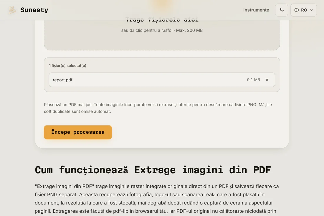 Extractorul de imagini din PDF cu un document încărcat, afișând numărul de imagini încorporate găsite