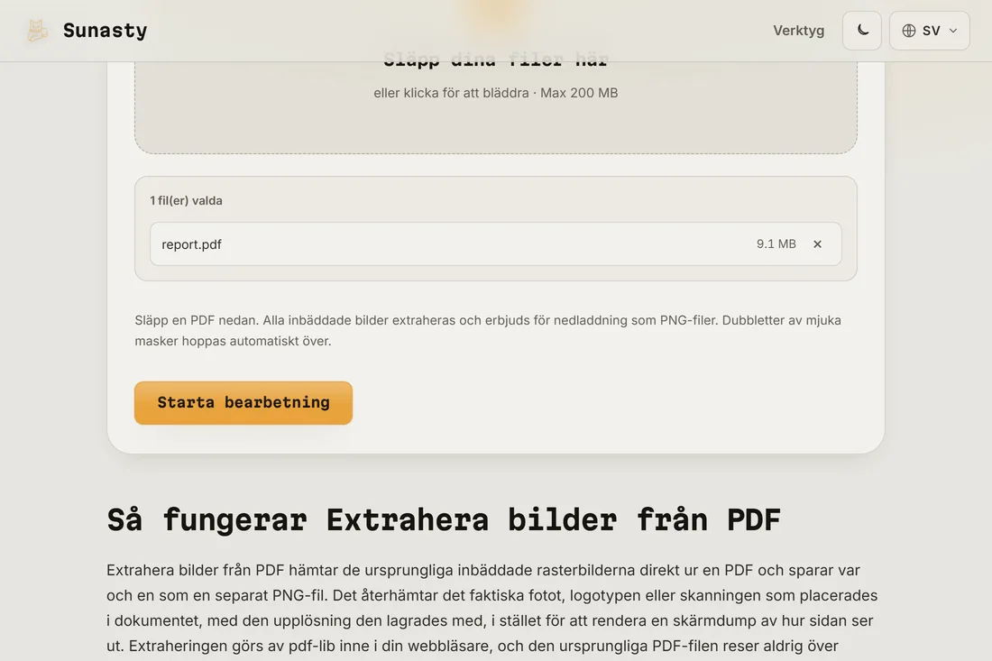 PDF-bildextraktorn med ett dokument inläst, som visar antalet inbäddade bilder som hittats