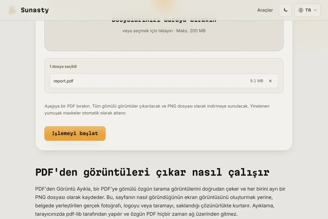 Bir belge yüklenmiş PDF resim çıkarıcı, bulunan gömülü resimlerin sayısını gösteriyor