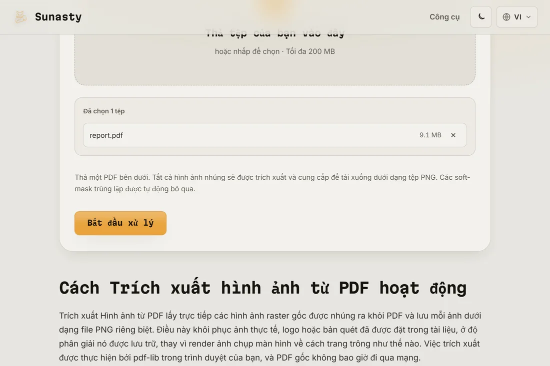 Trình trích xuất hình ảnh PDF với một tài liệu đã nạp, hiển thị số lượng hình ảnh nhúng tìm thấy