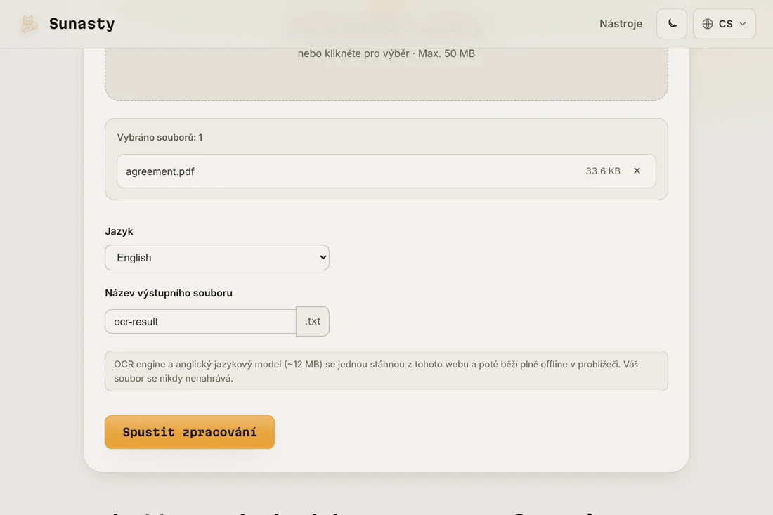 Nástroj OCR s načteným skenovaným PDF a výběrem jazyka nastaveným na angličtinu
